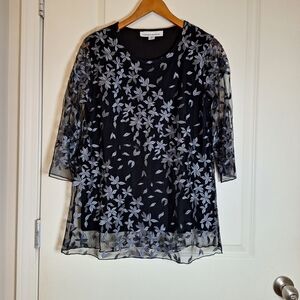 Caroline Rose Black and Gray Embroidered Sheer Overlay Tunic Top Size SP